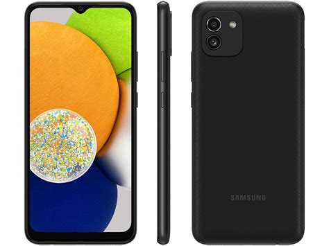 smartphone samsung galaxy a03 preto, 64gb, 4gb ram, tela infinita de 6.5, câmera dupla traseira, bat